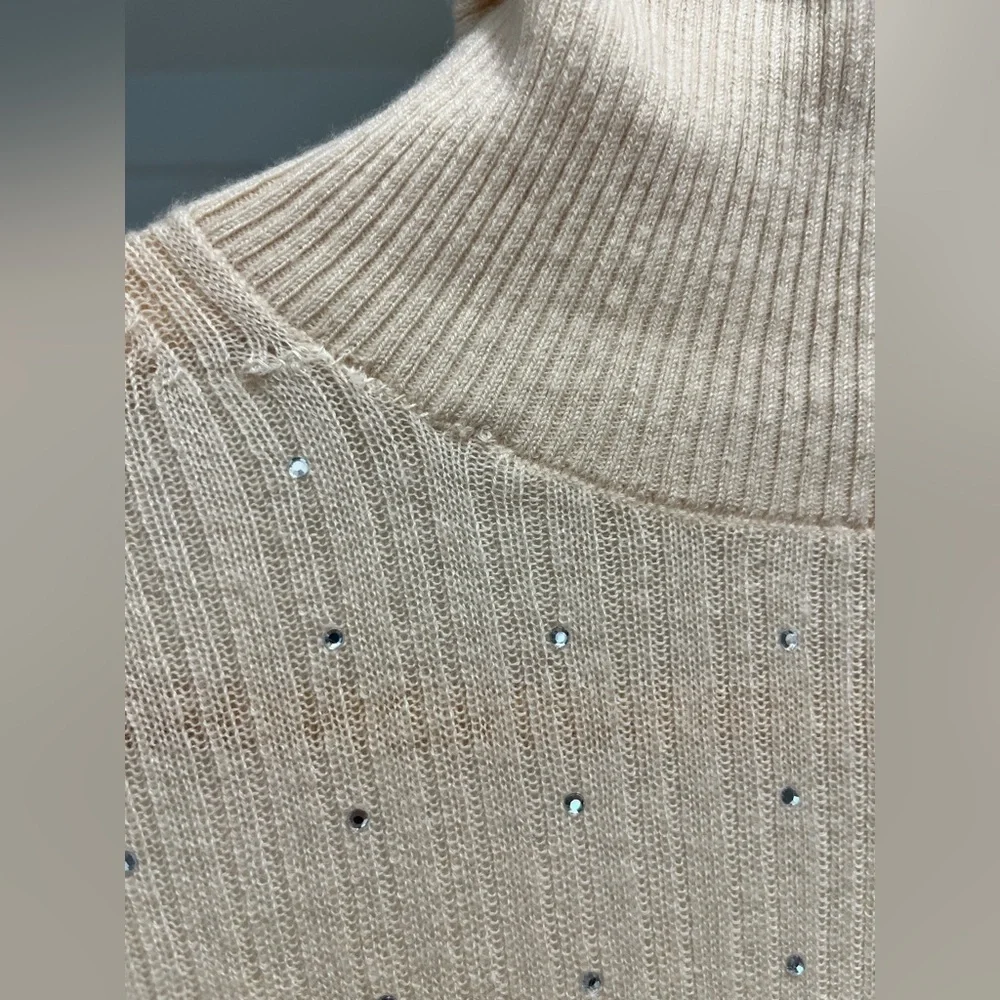 J Crew Featherweight cashmere turtleneck sweater with rhinestones Buttercream S